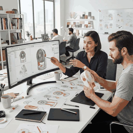 Design team developing a custom portable fan
